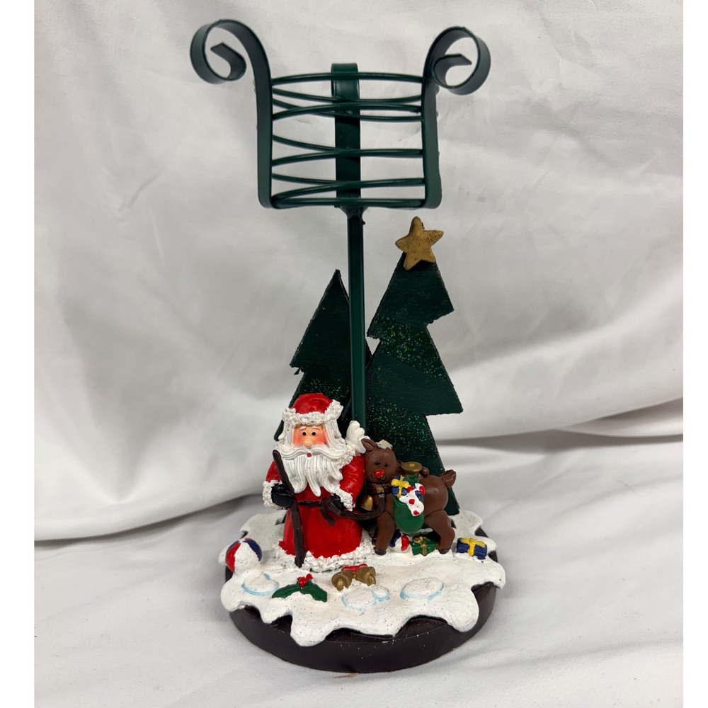 Santa Claus and Reindeer Christmas Pillar Candle Holder Metal Resin Base Decor